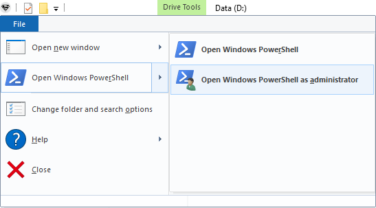 Откройте Windows PowerShell с повышенными правами в проводнике.