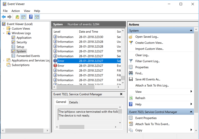 Отворете Event Viewer, след това отидете на регистрационните файлове на Windows, след това на системата и потърсете MULTIPLE_IRP_COMPLETE_REQUESTS