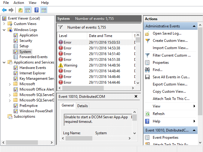 Open Event Viewer then navigate to Windows logs then System