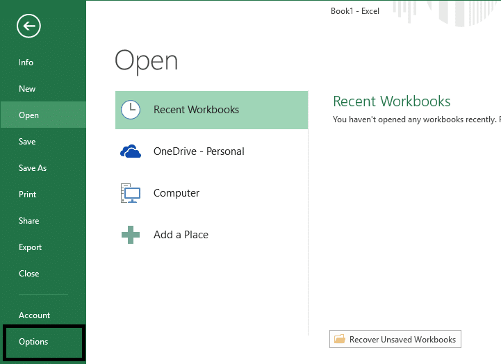 Open Excel Menu, navigate to File and then Options