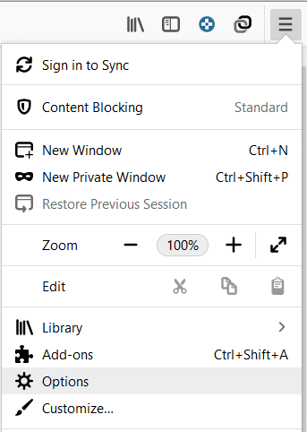 Open Firefox then click on the three parallel lines (Menu) and select Options
