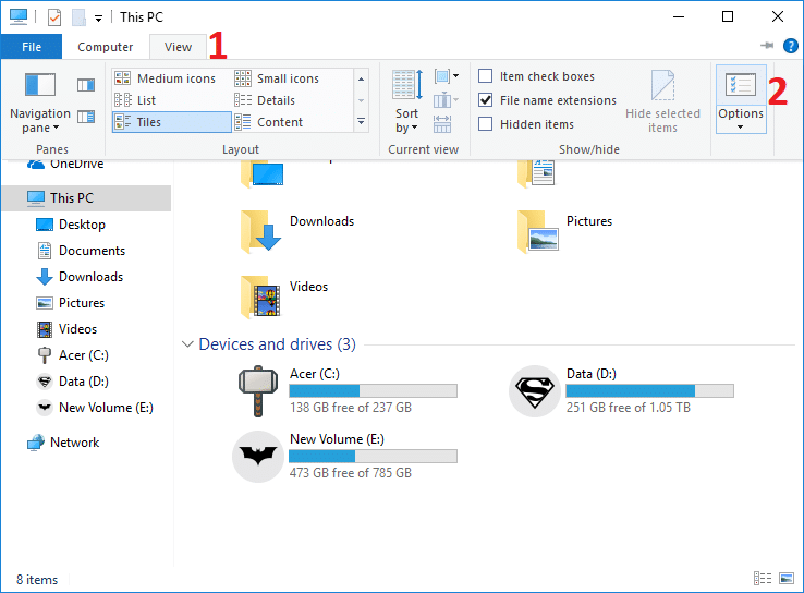 გახსენით საქაღალდის პარამეტრები File Explorer Ribbon | როგორ გავხსნათ საქაღალდის პარამეტრები Windows 10-ში