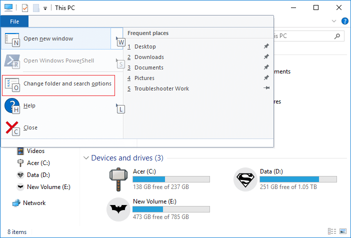 Open Folder Options in Windows 10 using Keyboard Shortcut
