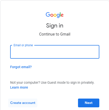 Open Gmail.com then Click on ‘Create account’ at the bottom