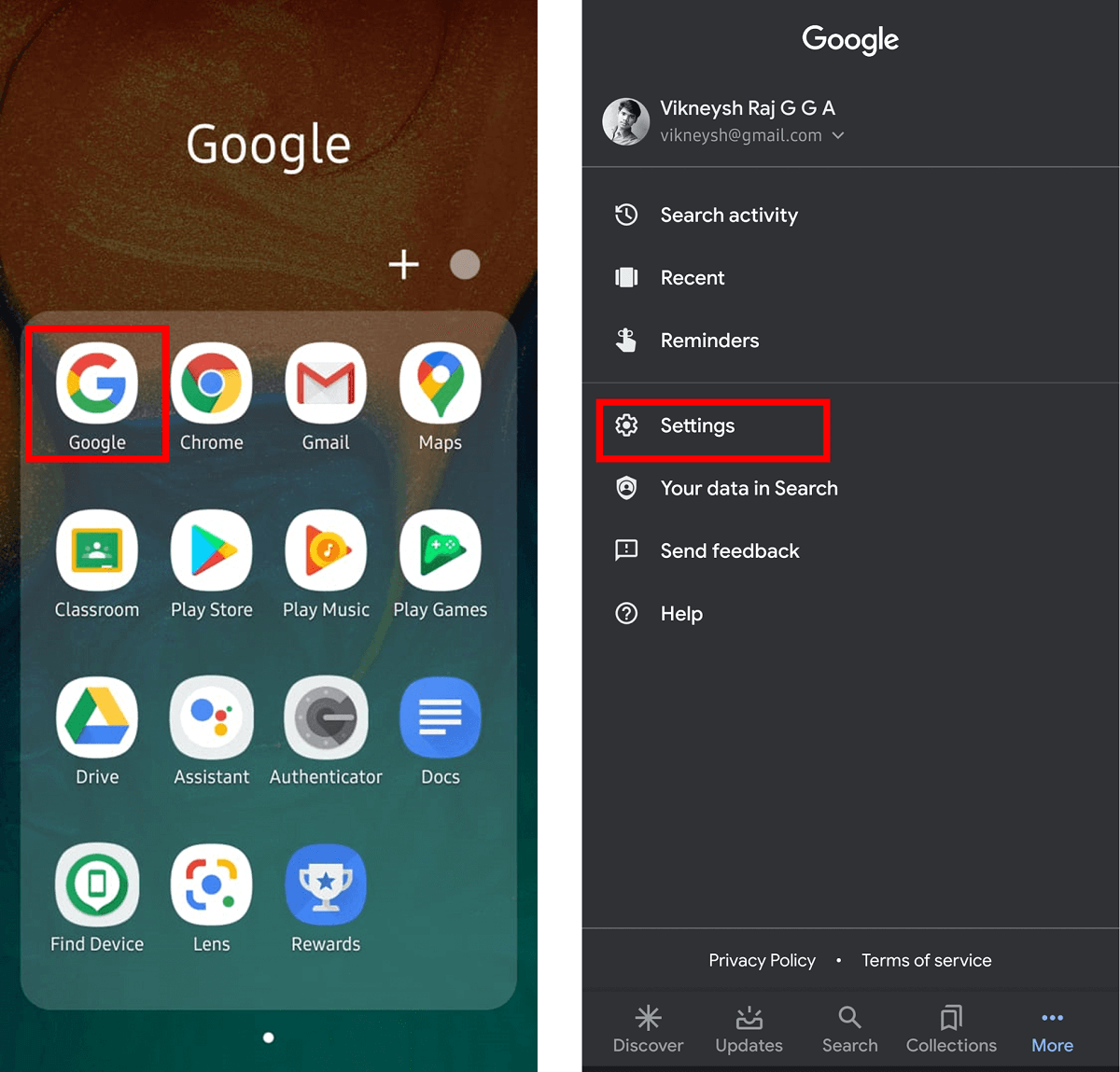 Open Google App then choose the More option then select Settings