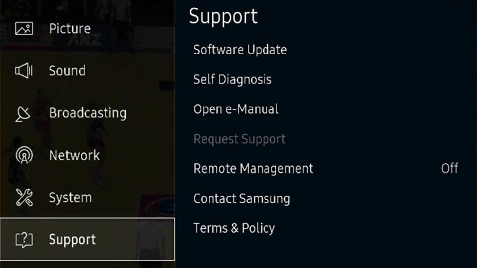 Open Menu on your Samsung Smart TV then select Support