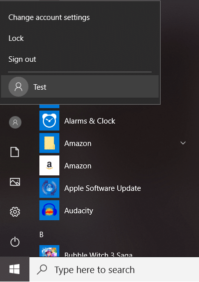Open Start Menu and you will see the other User’s icon | Fix Calculator Not Working in Windows 10
