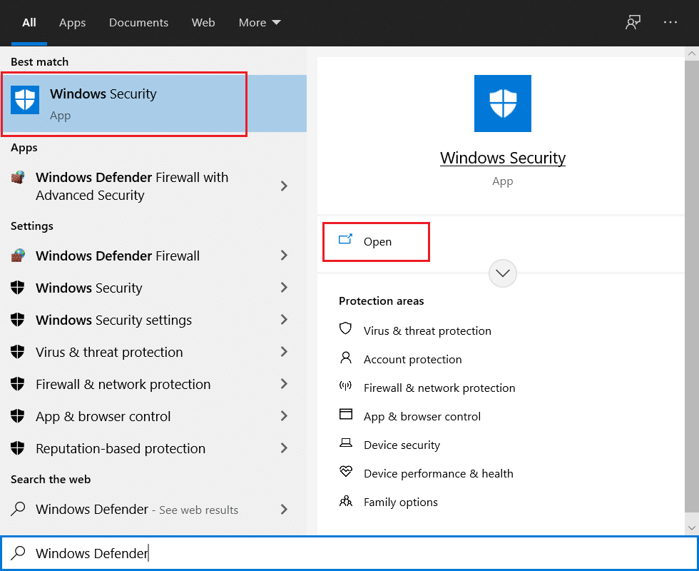 Open Windows Security from Start Menu search