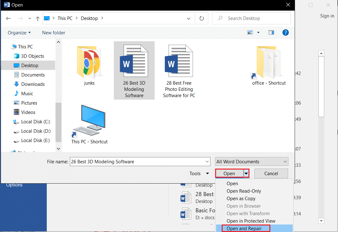 Open and Repair word file in Microsoft Word