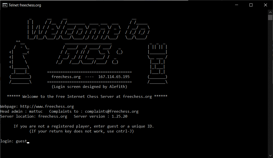 Open it as administrator and execute Telnet. Next, type o freechess.org 5000 | How to Enable Telnet Client in Windows 7/10?