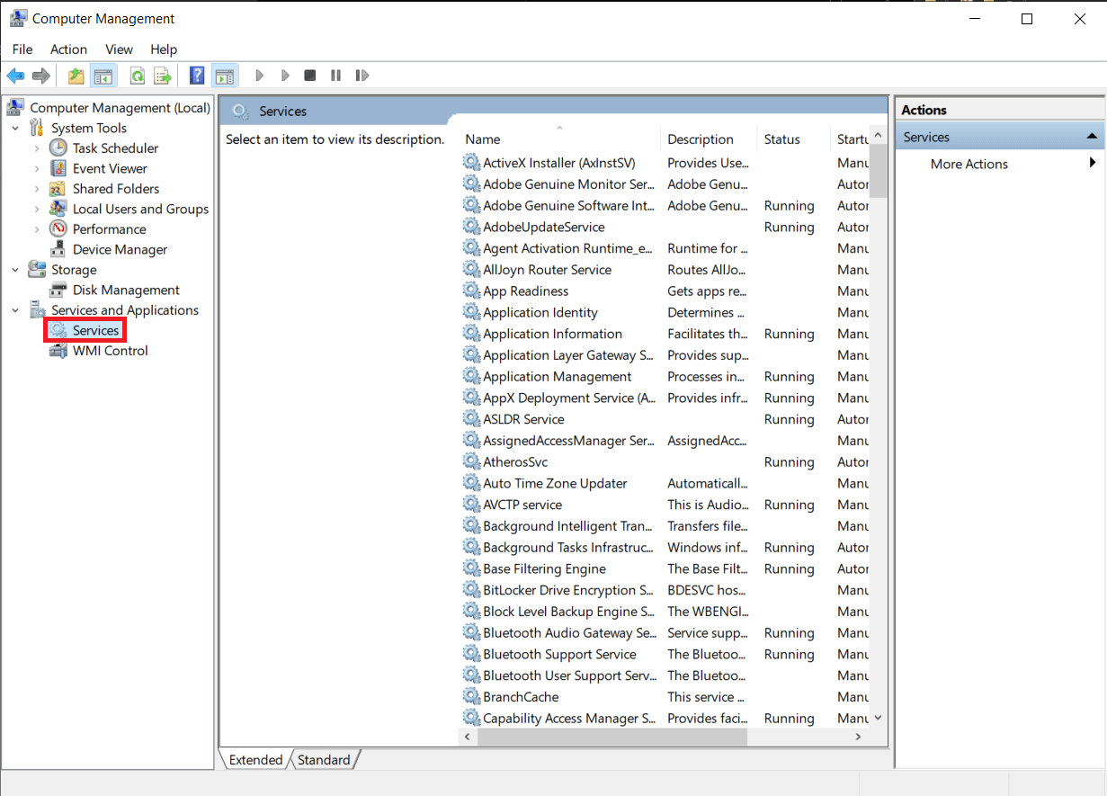 Open the Computer Management application first and then click on Services in the left panel