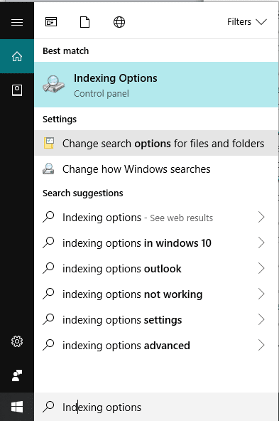 Open the Cortana or search bar and type Indexing options in it