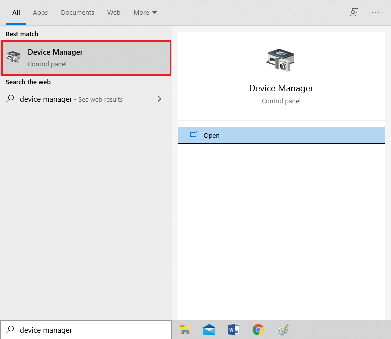 Open the Device manager from the search results.  | Fix no Camera found in Google meet