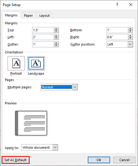 Open the Page Setup dialog box, enter the margin and gutter size, select a gutter position, and click on the Set as Default button at the bottom-left corner