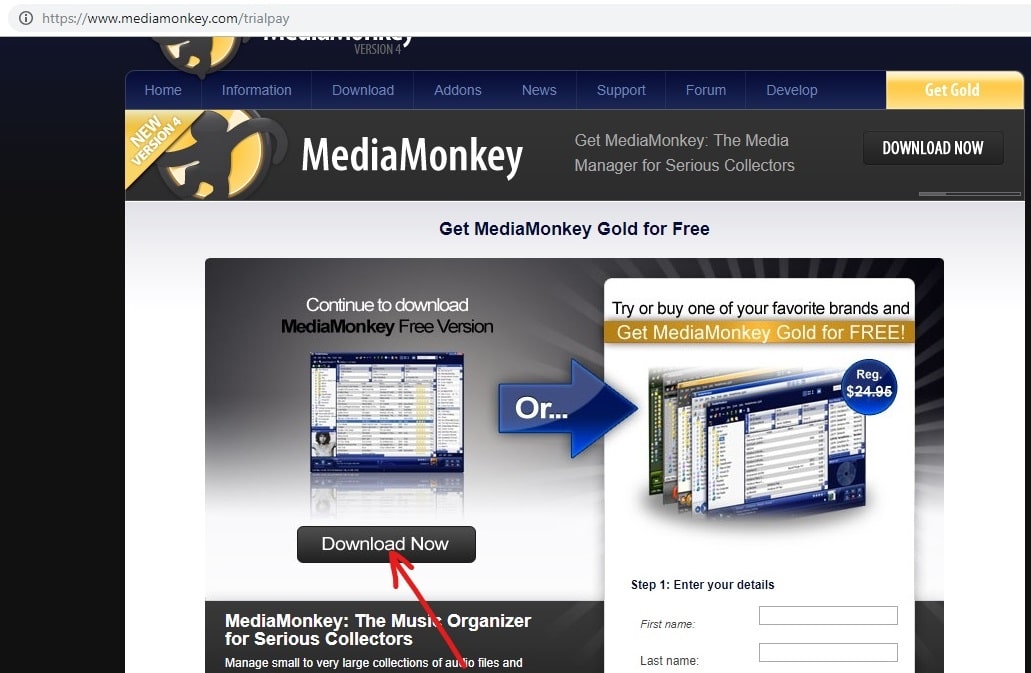 Open the website MediaMonkey and click download