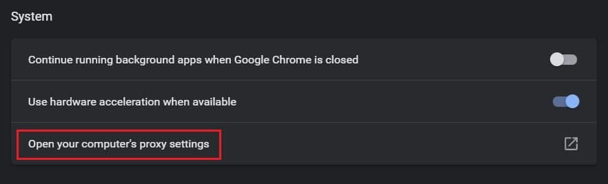 Open up your computer's proxy settings | Fix NET::ERR_CONNECTION_REFUSED in Chrome