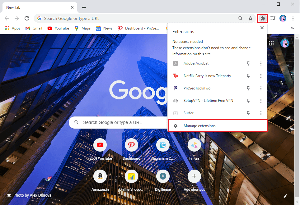 Open your Chrome browser and click on the Extension icon from the top-right corner of the screen then click on Manage extensions.