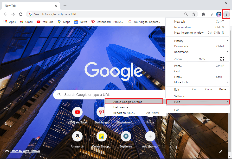 Open your Chrome browser and click on the three vertical dots from the top-right corner of the screen then go to Help and select About Google Chrome.