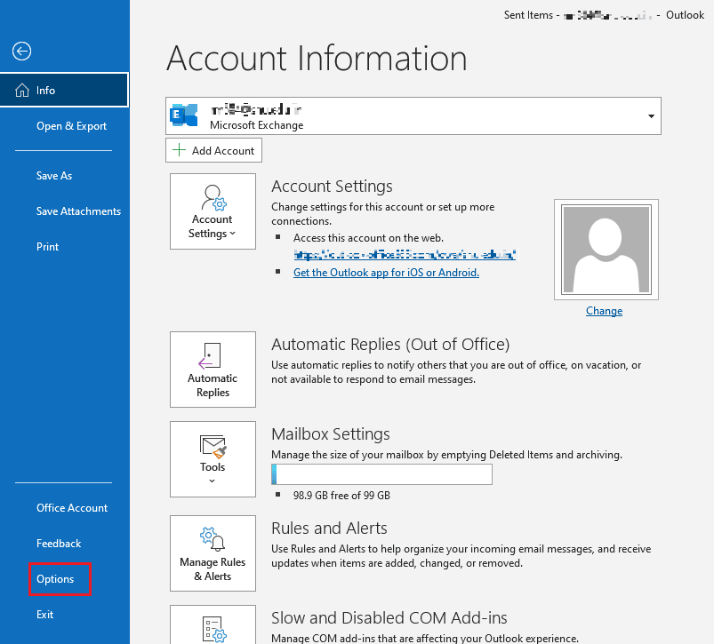 Click on Options tab disable reply all Outlook 365