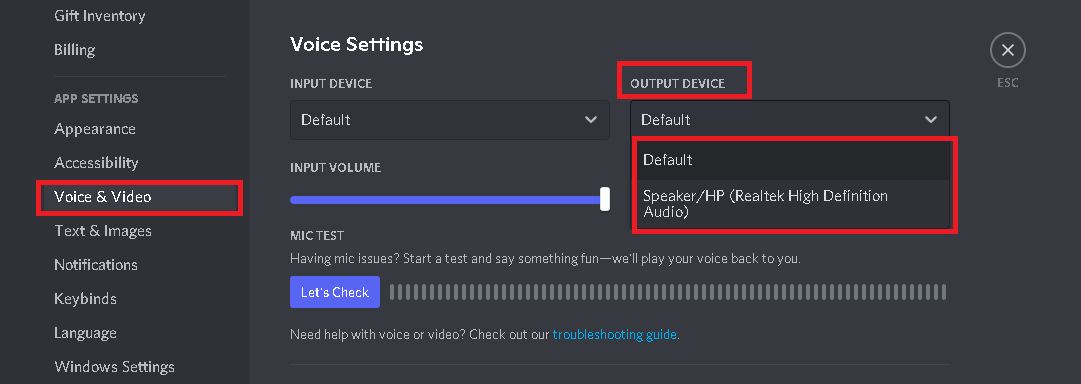 Discord Output Device as you Computer in Voice and Video Settings