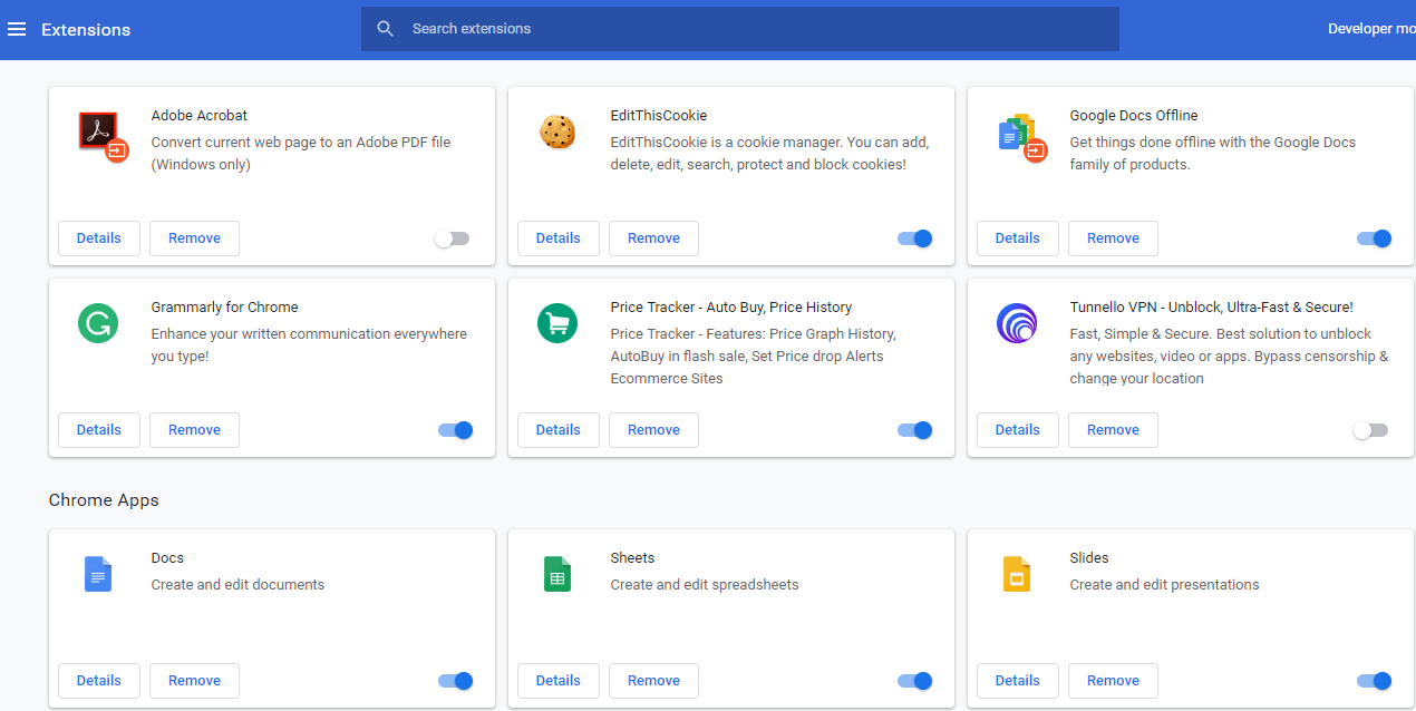 Page showing all your current installed extensions under Chrome 