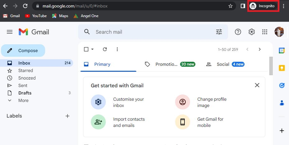 Open gmail in Incognito Mode