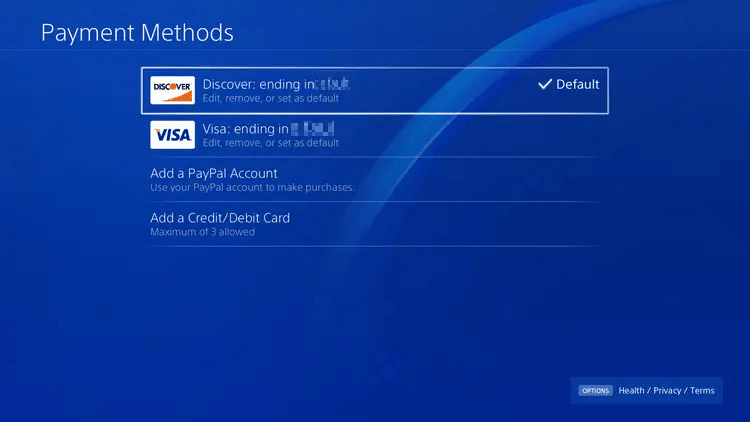 Payment Methods PS4