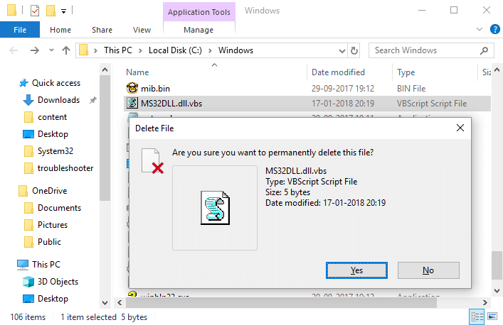 Permanently delete MS32DLL.dll.vbs from Windows Folder