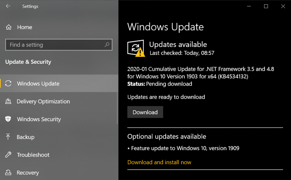 Under Update & Security, click on Windows Update from the menu that pops up.