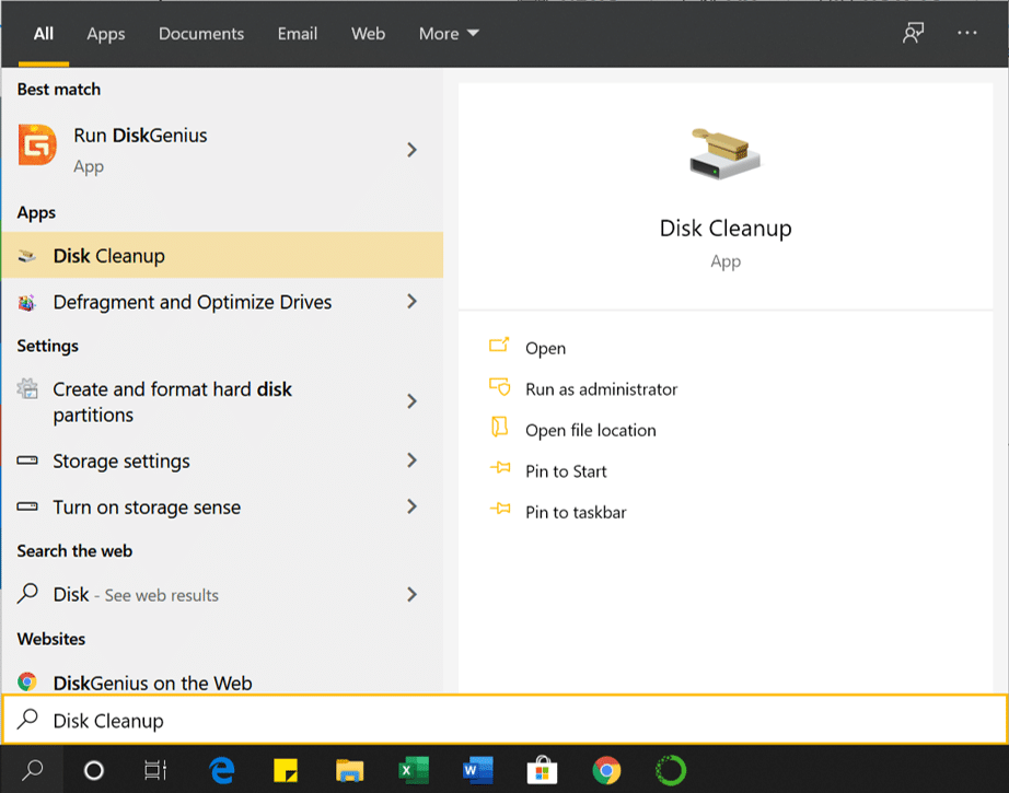 Open Disk Cleanup using the search box.