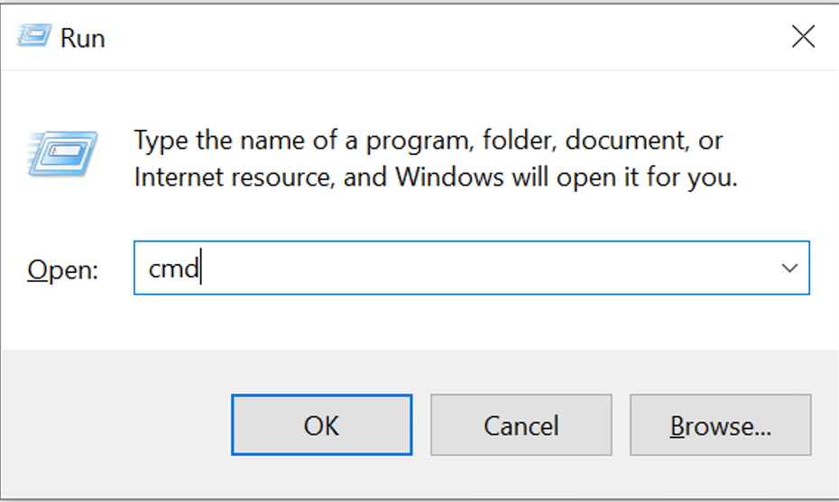 .Press Windows + R to open the Run dialog box. Type cmd and then click run. Now the command prompt will open.