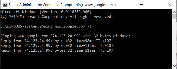 Ping norādīs vietnes IP adresi