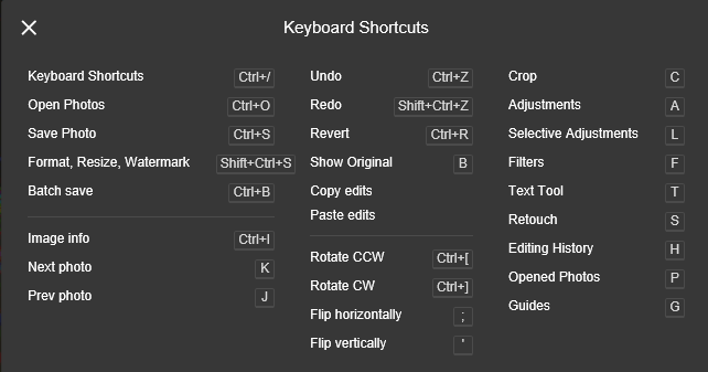 Pixlr также имеет обширный список сочетаний клавиш.