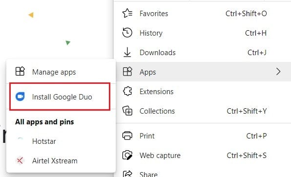 Place cursor over apps and then click on install | How to Use Google Duo on Windows PC