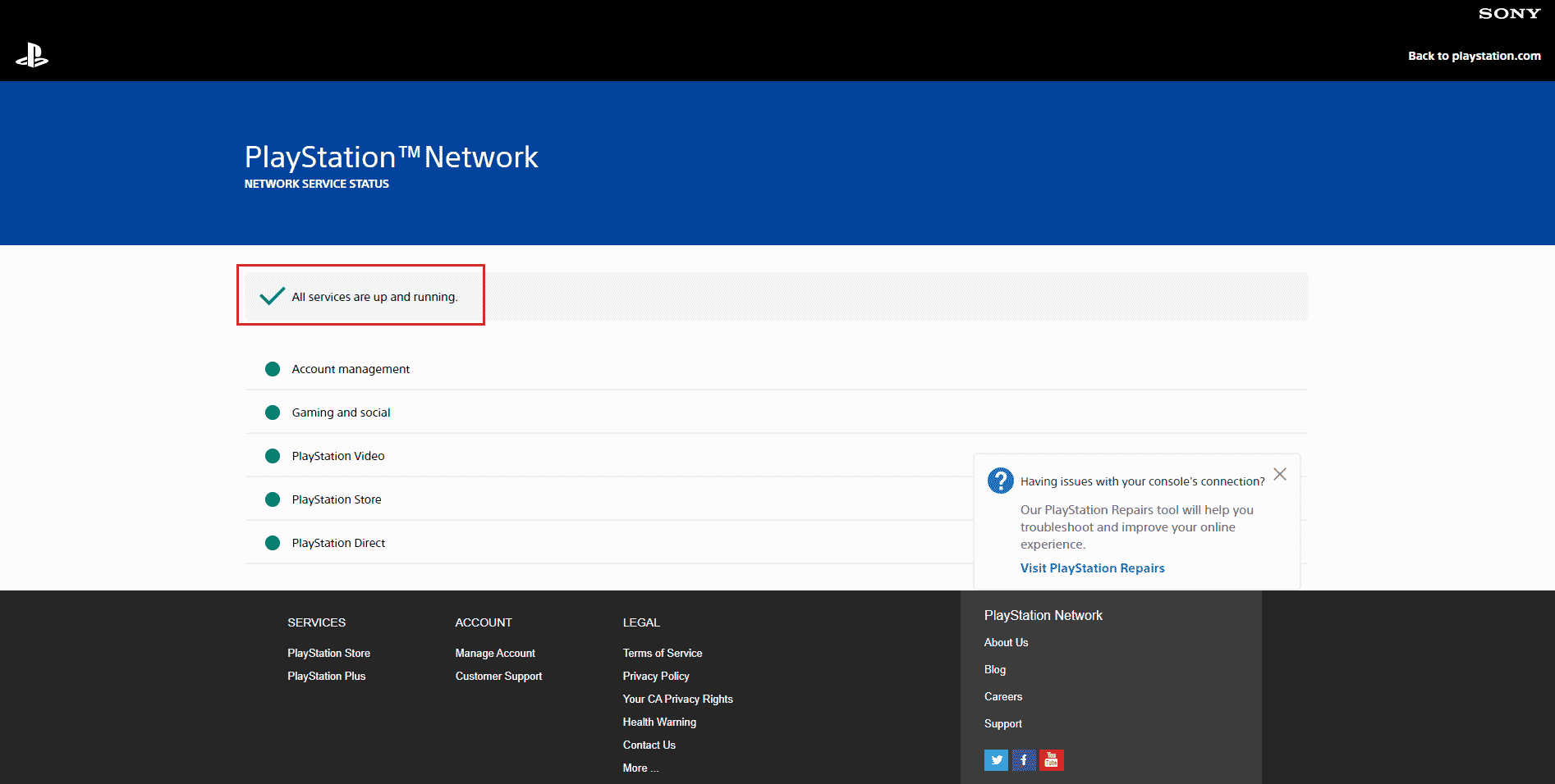 PlayStation Network status page