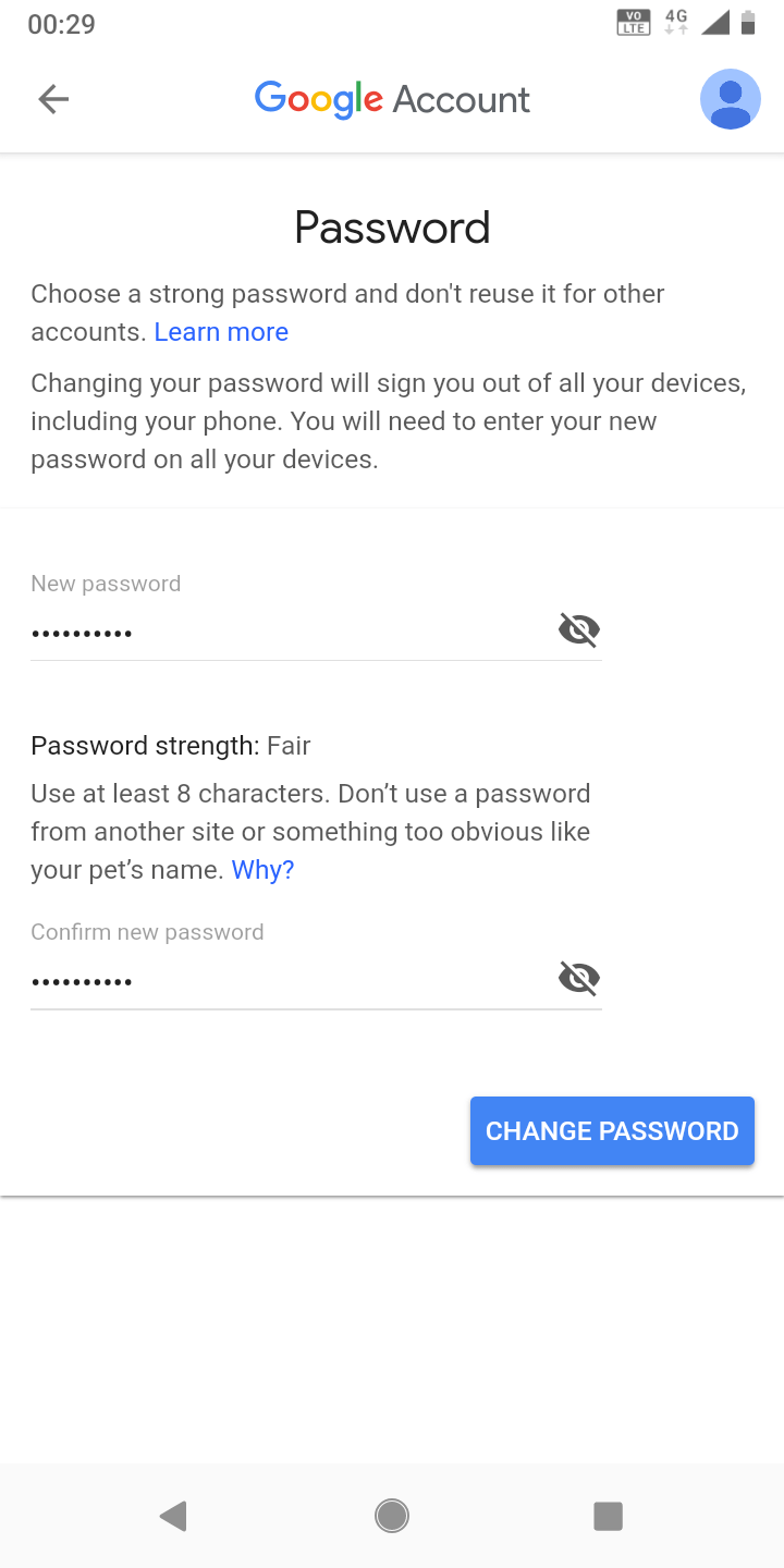 Press Change Password to confirm your new password