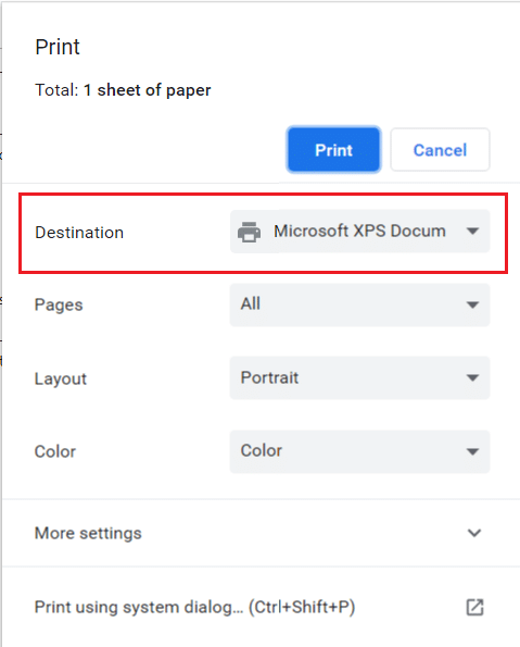 Press Ctrl + P key to open the Print page pop-up window in Chrome