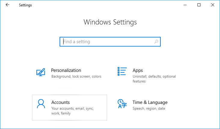Нажмите Windows Key + I, чтобы открыть «Настройки», затем нажмите «Учетные записи».