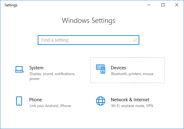 Paspauskite Windows klavišą + I, kad atidarytumėte nustatymus, tada spustelėkite Įrenginiai