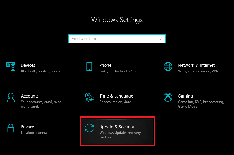 Presione la tecla Windows + I para abrir Configuración y luego haga clic en Actualización y seguridad
