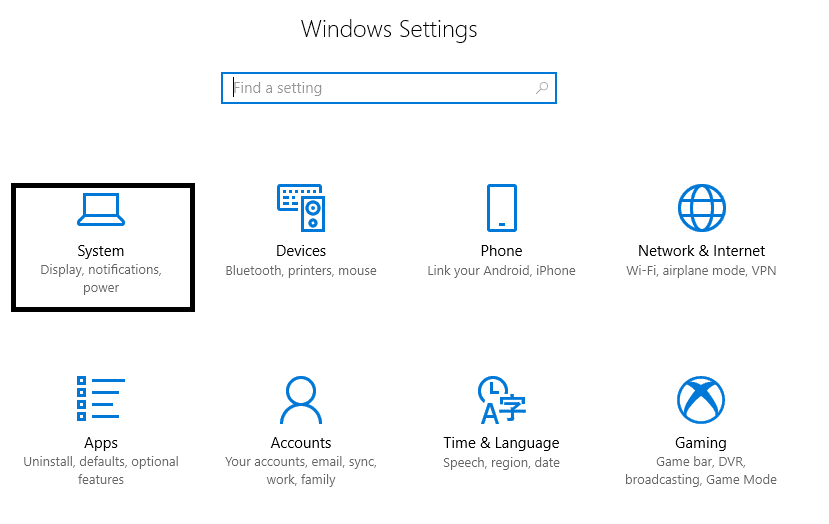 Нажмите клавишу Windows + I, чтобы открыть «Настройки», затем щелкните значок «Система».