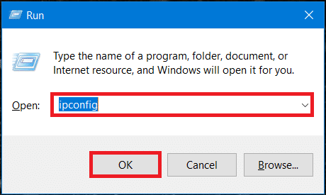 Нажмите клавиши Windows + R, появится диалоговое окно «Выполнить». Введите команду ipconfig и нажмите Enter.