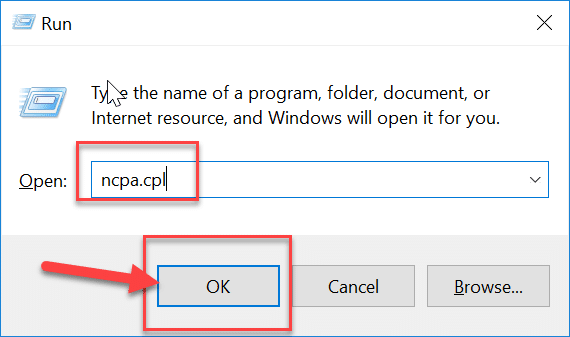 Pencét Windows Key + R teras ngetik ncpa.cpl sareng pencét Enter