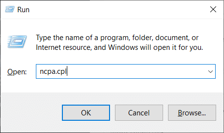 type ncpa.cpl in run dialog box. Fix FFXIV Error 90002 in Windows 10