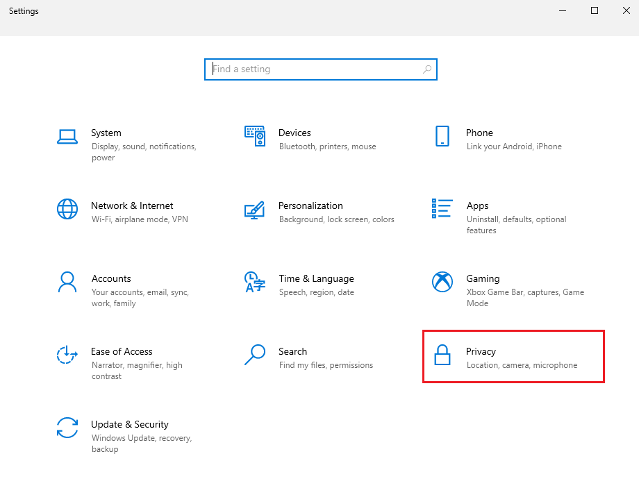 Press Windows Key + R to open Settings and Click on the privacy tab.  | Fix no Camera found in Google meet