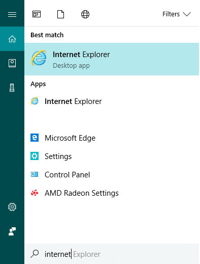 Riix Windows Key + S si aad u soo qaadato raadinta ka dibna ku qor Internet Explorer