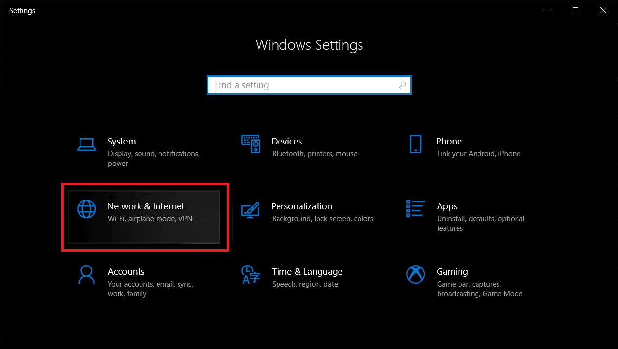 Paspauskite „Windows“ klavišą + X, tada spustelėkite „Nustatymai“, tada ieškokite „Tinklas ir internetas“.
