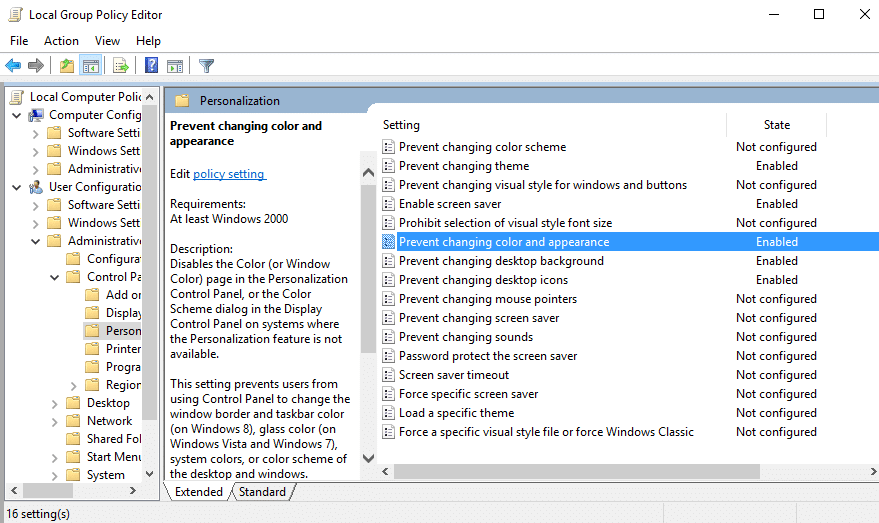 Prevent changing color and appearance in group policy editor