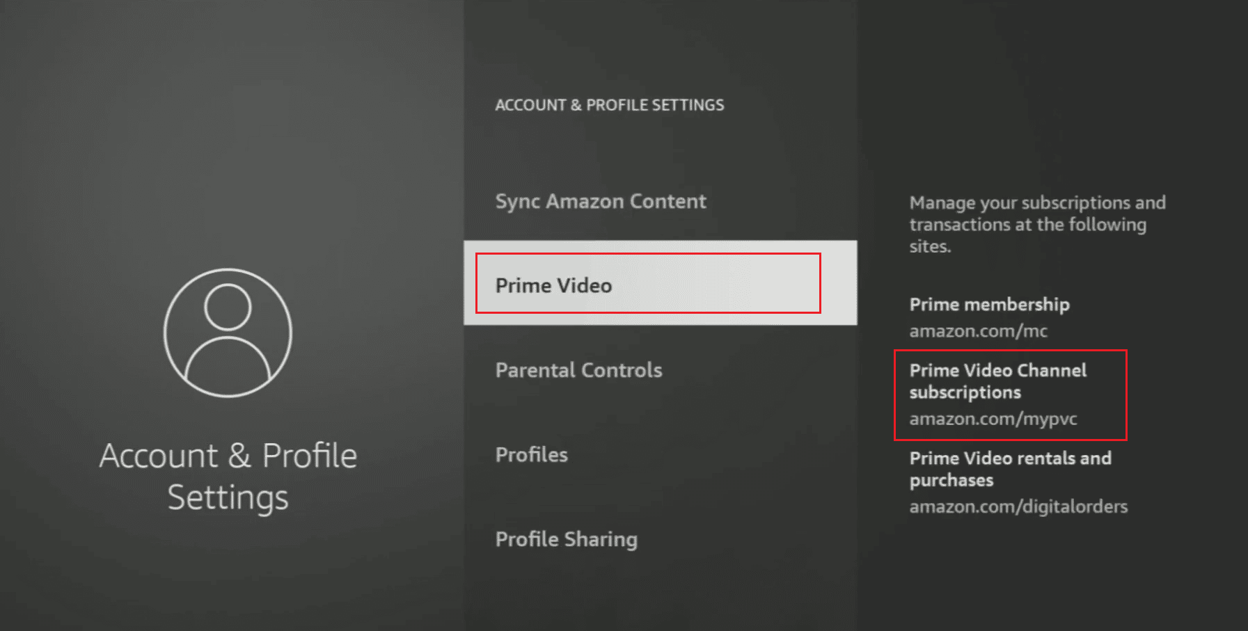 Prime Video - navigate to the amazon.com mypvc link on your browser mentioned under Prime Video Channel subscriptions