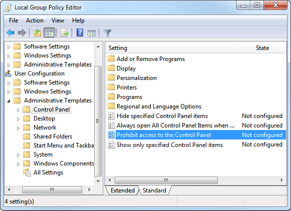 Prohibit access to Control Panel and PC settings Policy in Gpedit